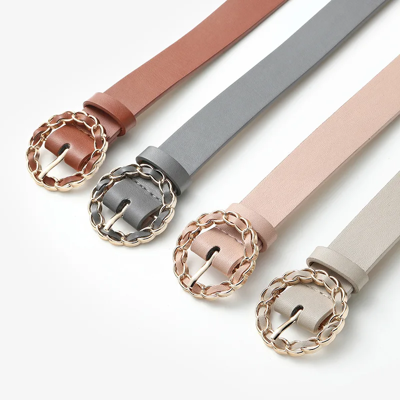 Wholesale Ladies Black Brown Leather Jeans Belt Fashion Gold Chain Round Buckle Thin Belts For Women Coat