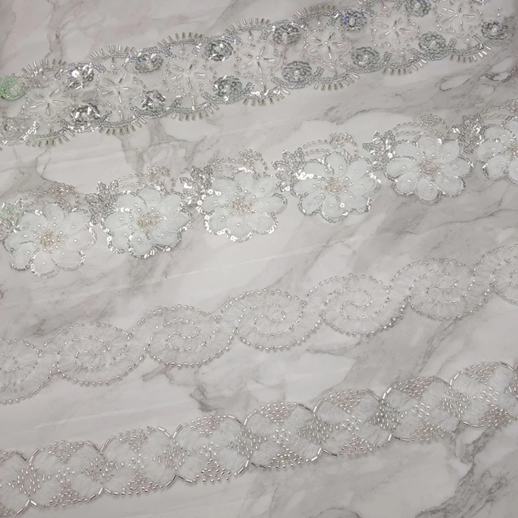 White heavy stitching bead wedding dress accessories mesh hand sewn bead leaves high-grade barcode DIY neckline