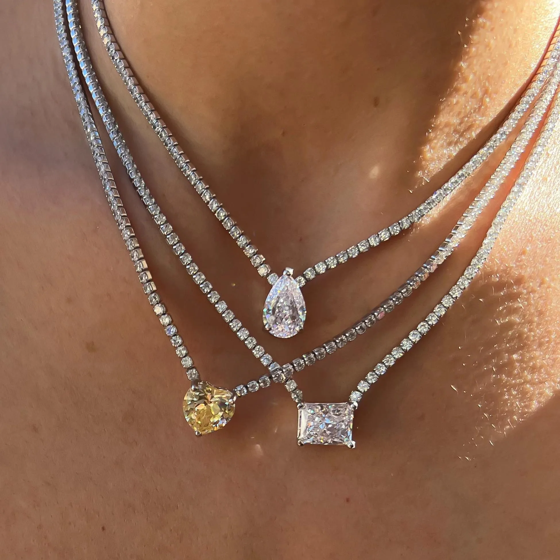 Rhodium Yellow Gold Bling Punk Zircon Green Black Diamond Necklace Women Hip Hop Jewelry Yellow Pink Heart Shape Tennis Necklace