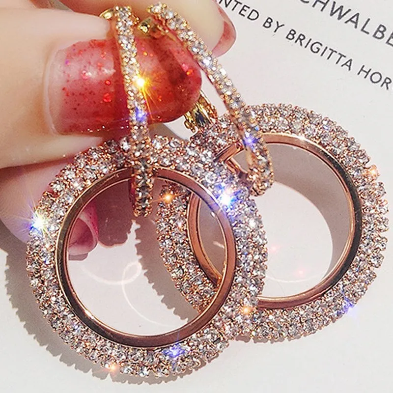 Trendy Fashion Jewelry Plated Elegant Diamond Women Shiny Drop Double Hoop Earrings Gold Circle Rhinestone Zinc Alloy CLASSIC ZG