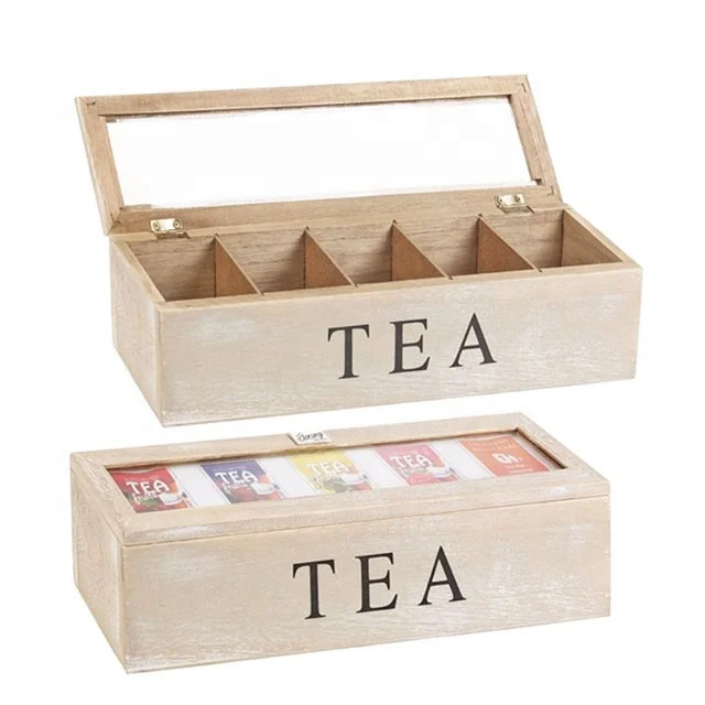 antique unfinished wood tea bag box with glass lid