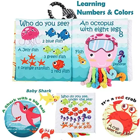 AUGLEKA Early education Who do you see Teether ring ocean Fish Sea Animal soft cloth book for baby infant Toddlers