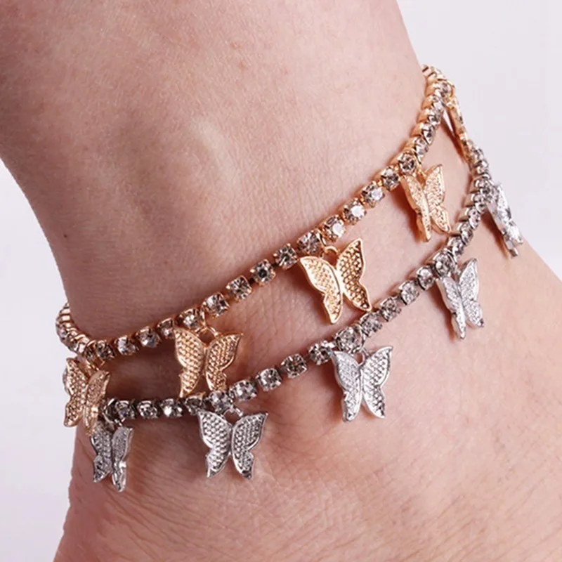 New Hot Body Jewelry Woman Shinny Diamond Fashion Tennis Bling Link Anklet Wholesale Cuban Chain Butterfly Cuban Anklet