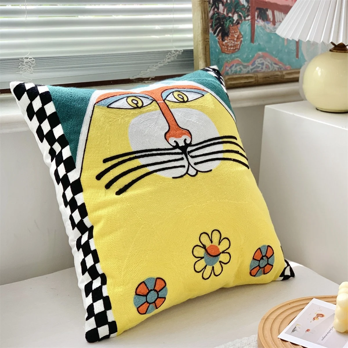 Factory Direct Sale Abstract Animal Picasso Embroidery Oil Painting Cotton Throw Pillow Case Cushion Cover For Sofa Living Room