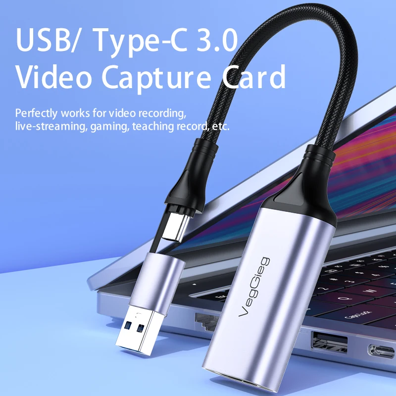 Veggieg 4K Type C USB 3.0 HDMI Audio Video Capture Card Record Recorder For TV Live Streaming Broadcasting Obs Video Capture