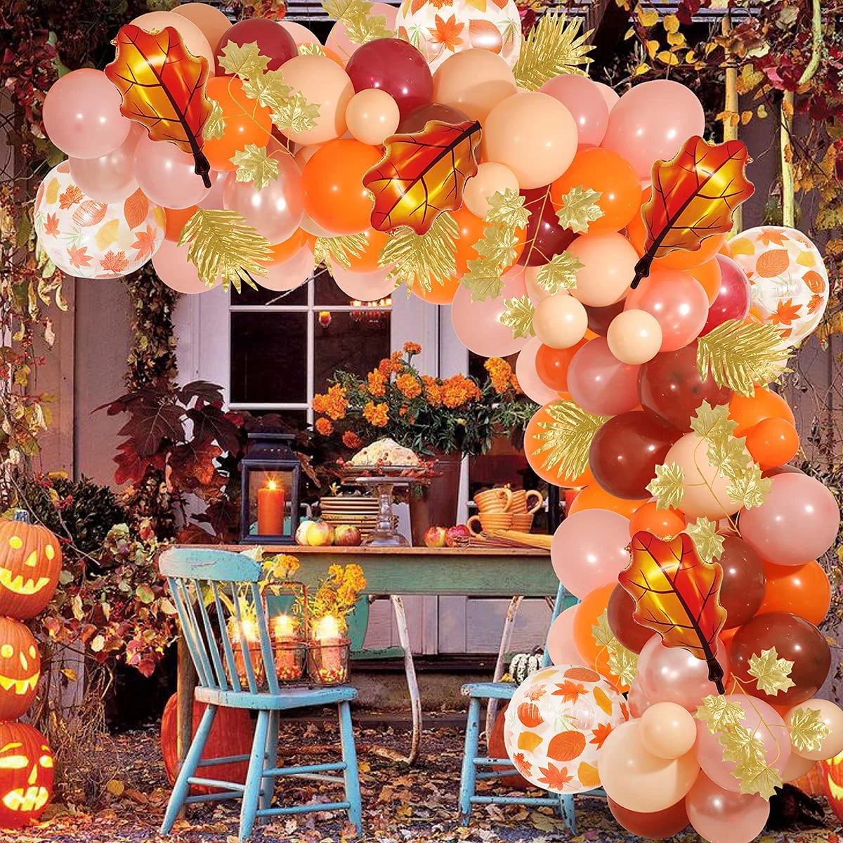 157pcs Confetti Foil Balloons and Artificial Maple Leaves Garland for Thanksgiving Party Supplies Balloon Garland Arch Kit