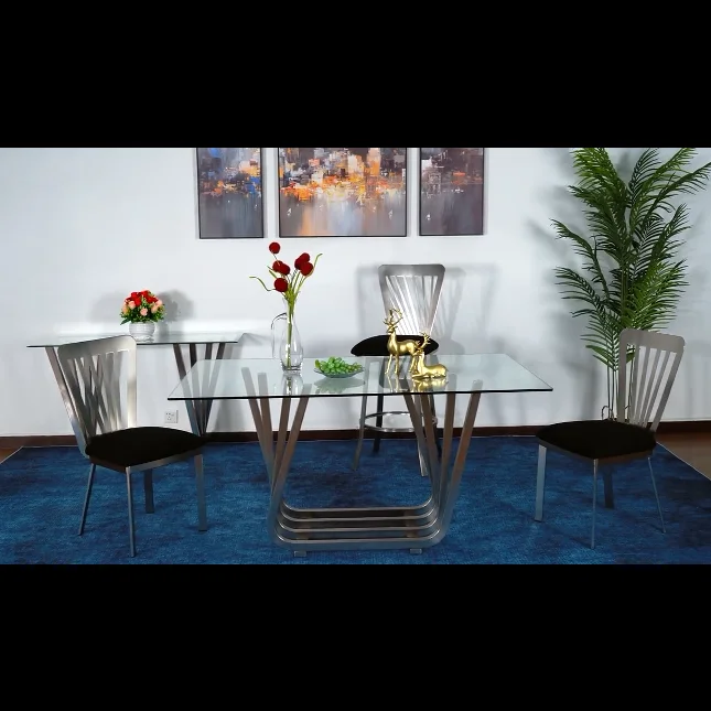 Modern New Design Home Dining Room Furniture Big Tempered Glass Top Stainless Steel Base Rectangle Dining Tables And Chairs Sets