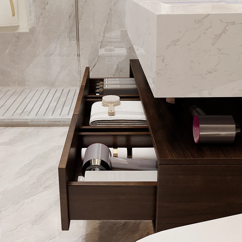 Light Luxury Solid Wood and MDF bathroom vanity Simple Modern Design with Integrated Marble Wash Basin Rock Board Bath Mirror