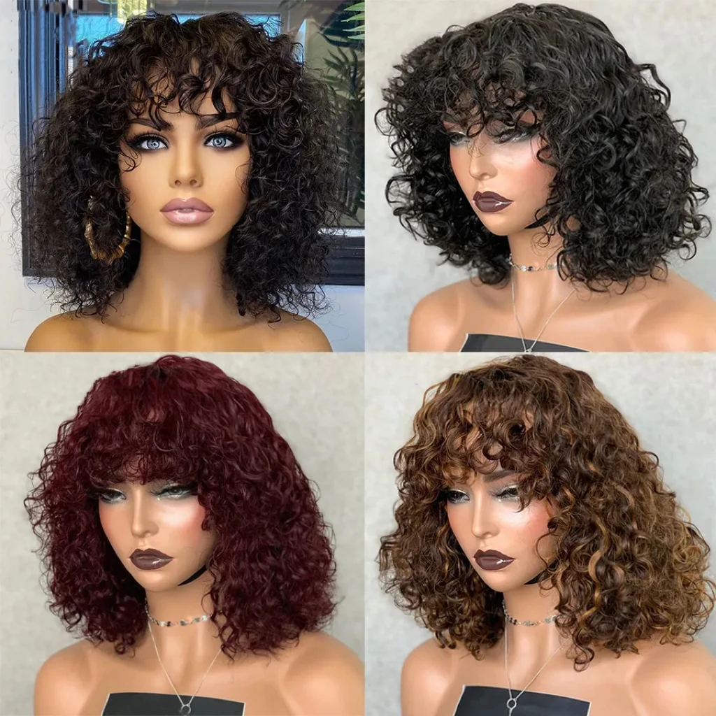 Glueless Brazilian Short Bob Wig With Bangs, Bang Luxury Curly Wig, Cheap Curly Human Hair Bang Wig Non Lace Human Hair Wigs