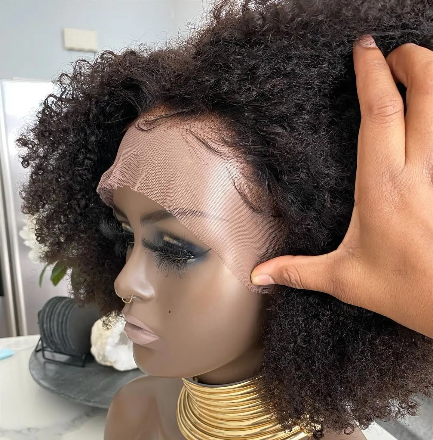 Cheap Afro Kinky Curly 4X4 Lace Closure Front Human Hair Wigs Natural Black Color Transparent Lace Frontal Wigs With Baby Hair