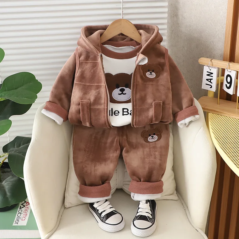 Cartoon Bear Logo Printed Winter Warm Thickened Kids Clothing Set Hooded Suit for Baby Boys Girls Cotton Fabric Spring Autumn