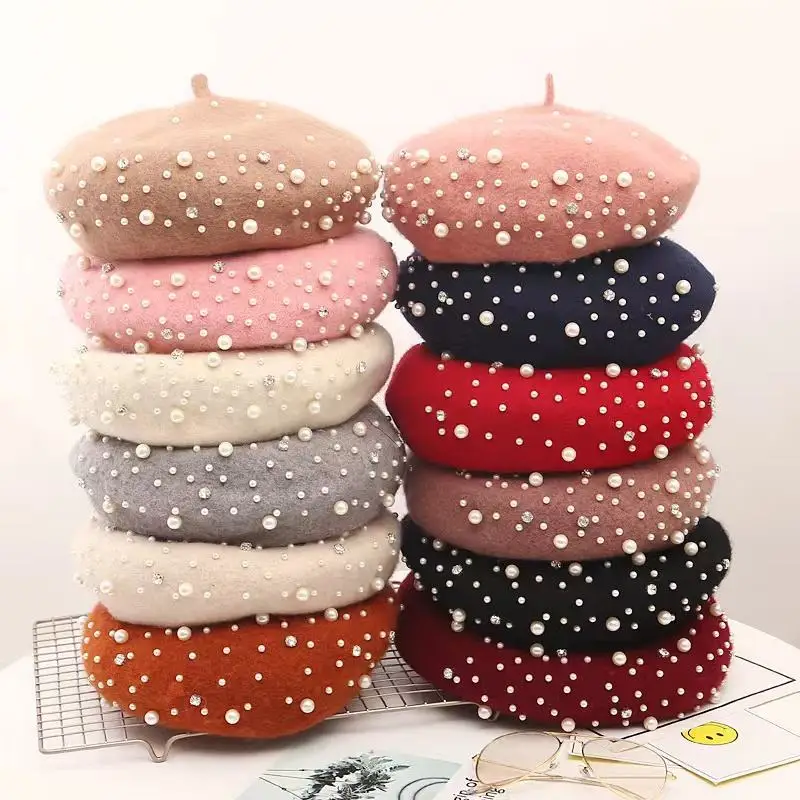 High Quality Winter Autumn Wool Beret Cap for Women Trendy French Style berets with Pearl Zircon Ball Custom Logo Keeps You Warm