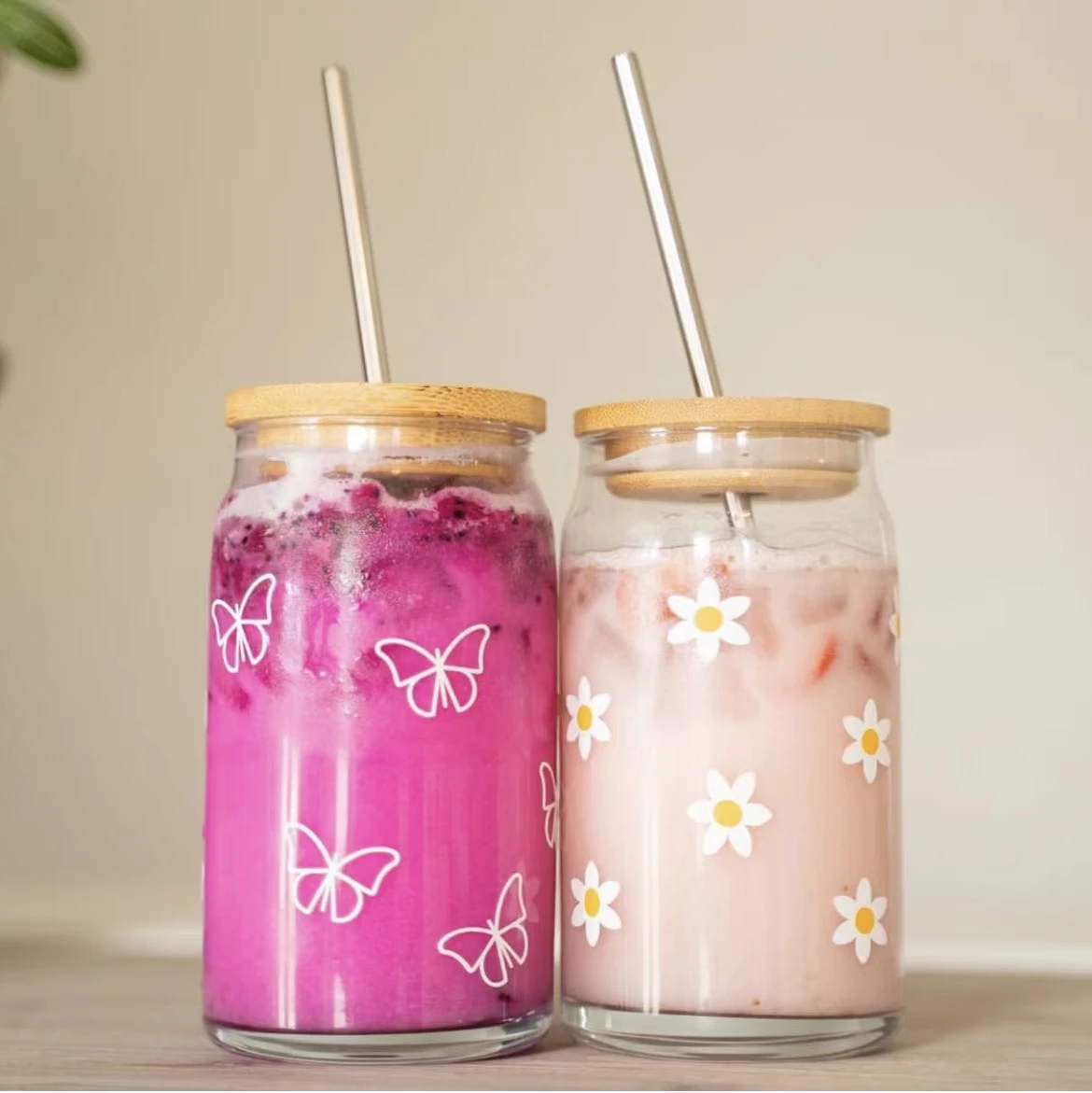 Оптовая продажа, стеклянная банка для пива с двойными стенками, каменная банка 25 унций, стеклянная чашка для питья с соломинкой и бамбуковой крышкой
