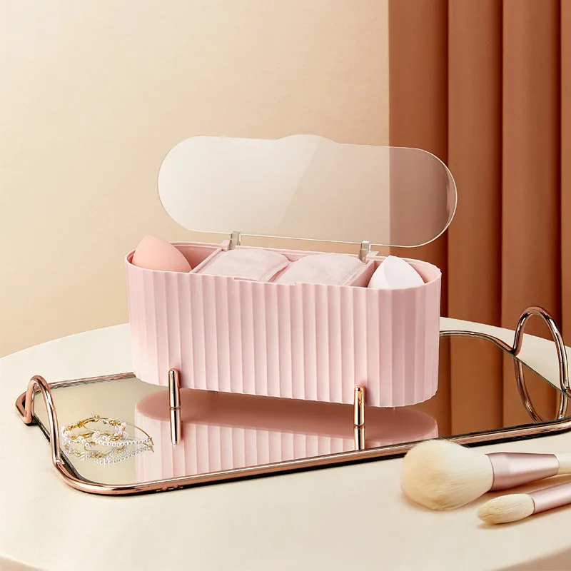 Household Light Luxury Cosmetic Cotton Four-grid Transparent Storage Box with Cover Dust-proof Beauty Egg Cotton Swab Makeup Box