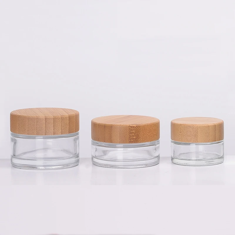 clear glass bottle 20 ml 30 ml 50 ml 150 ml 200 ml face cream jar transparent glass jar with bamboo lid and spoon