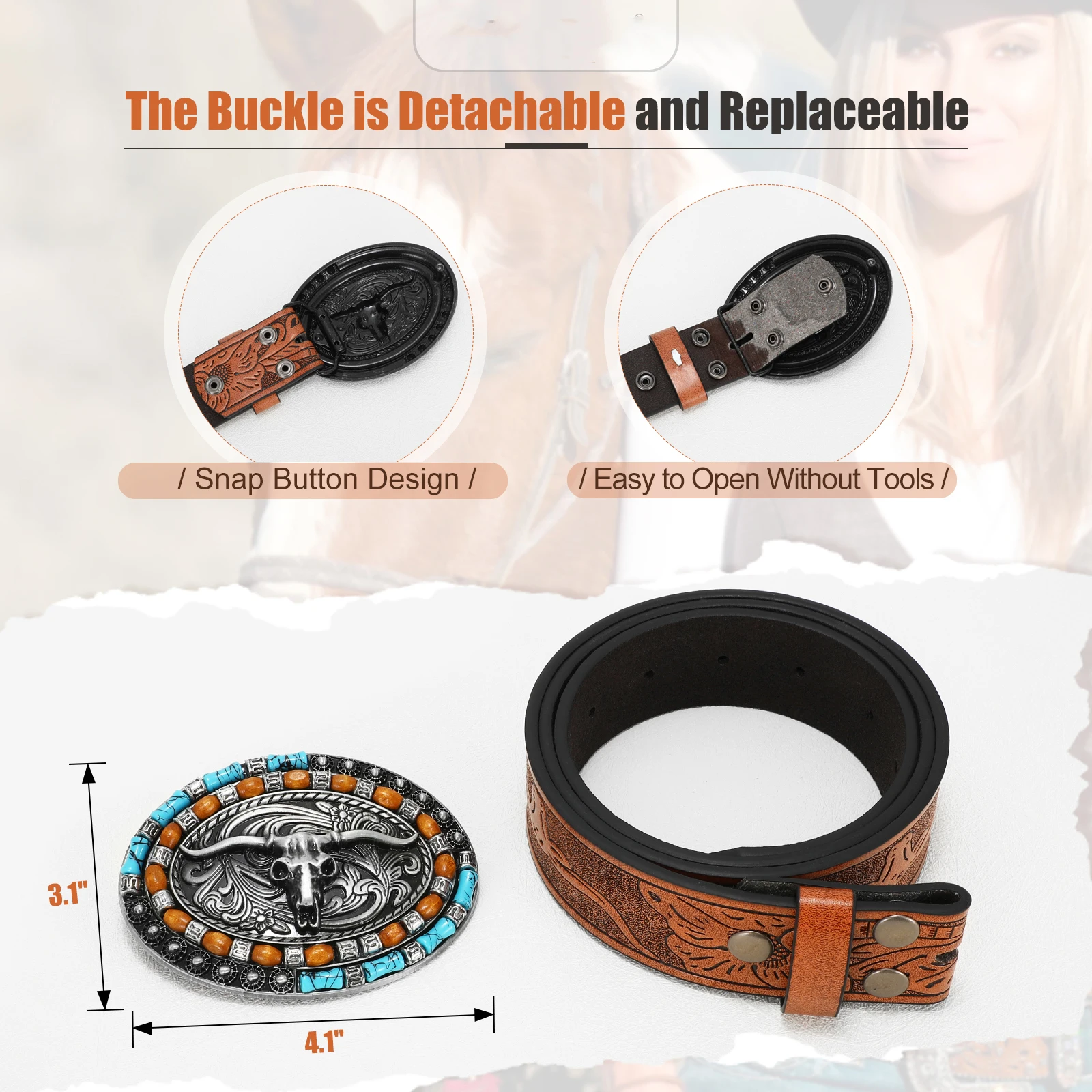 Unisex Western Belt Detachable Alloy Plate Buckle Turquoise Custom Debossed Floral Pattern Design PU Leather Belt For Men Women