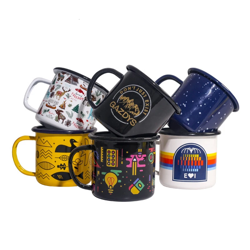 Wholesale 6/7/8/9/10/11/12/14cm 12oz Custom Logo Printed Metal Steel Outdoor Travel Enamel Camping Coffee Tea Cup Mug With Decal