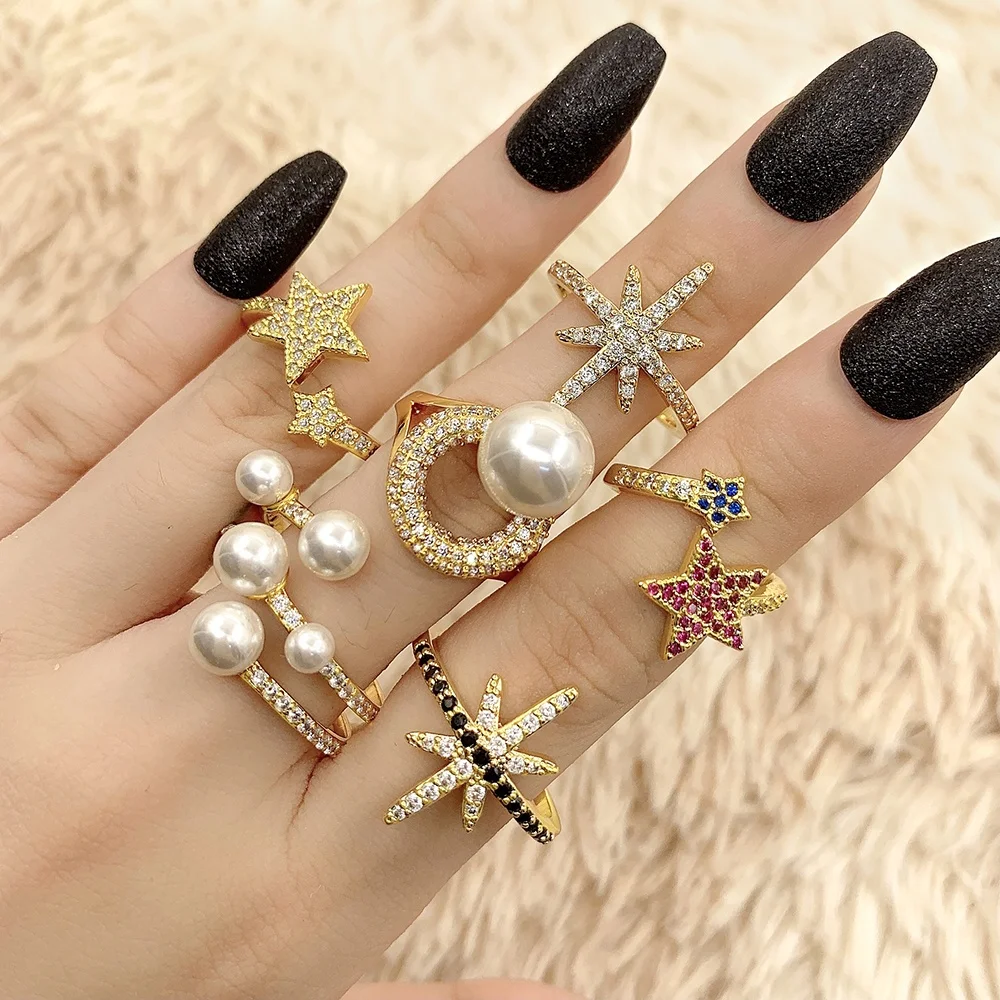 2021 Gold Plated Stacking Rings Set For Women Vintage Boho CZ Knuckle Diamond Pearl Ring Set Wholesale