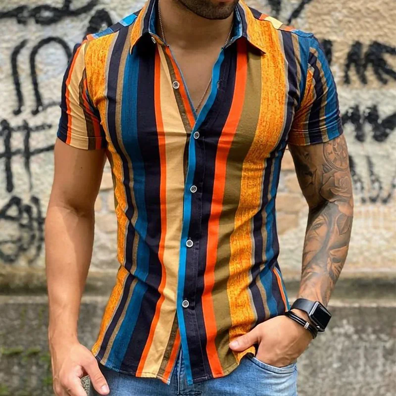 2023 New vertical stripes button up shirt mens 100 polyester t shirt wholesale breathable hawaii shirts for men casual