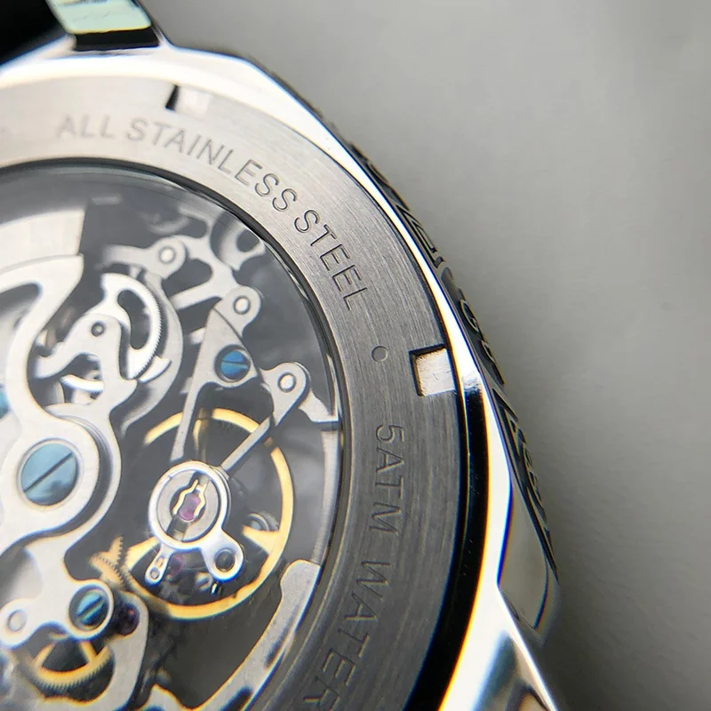 RTS no moq stainless steel retro punk black carving pattern skeleton seagull st1646 mechanical automatic movement watch man