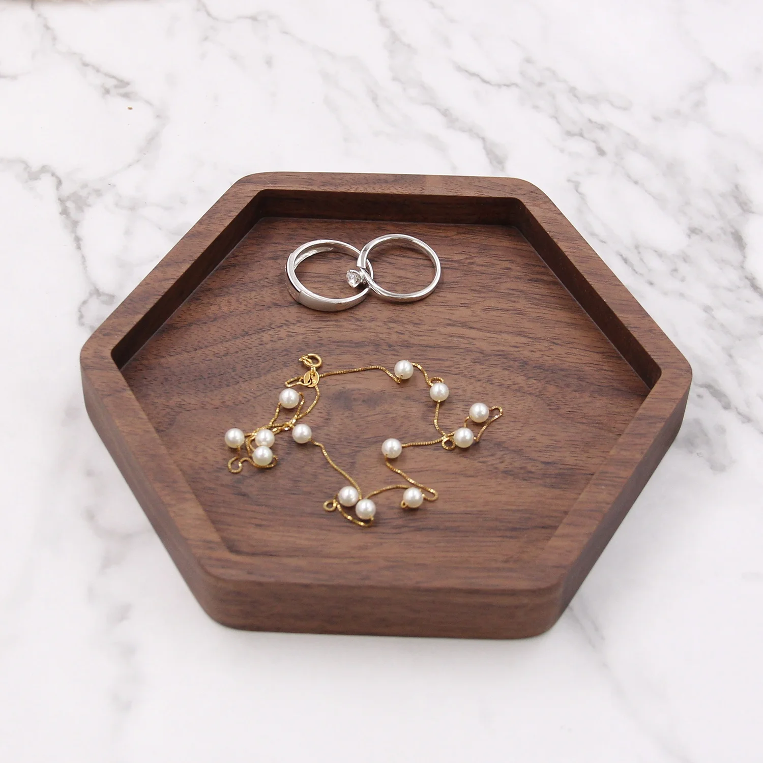 Hexagon Walnut Wood Tray Key or Ring Dish Gift to Her