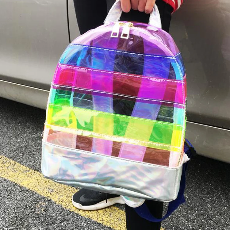Stylish Women Rainbow Hologram PVC Backpack Girl Colorful Transparent Jelly Backpack