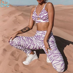 European/American style stripe digital print yoga fitness suit sports tight two-piece set for women