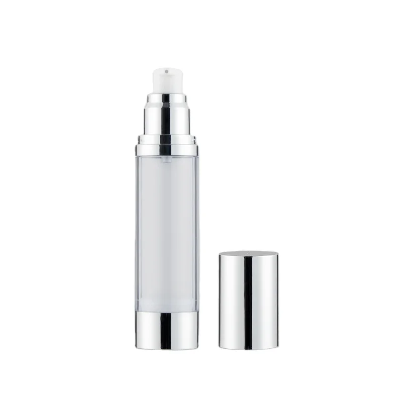 15ml press vacuum bottle Silver cosmetic dispenser bottle plastic packaging material can be customized