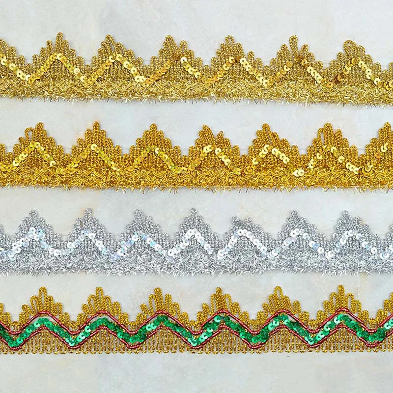 Cheap wholesale diy 4cm wide triangle gold silver crown sequined lace trim braided costume sewing decorative dancewear lace