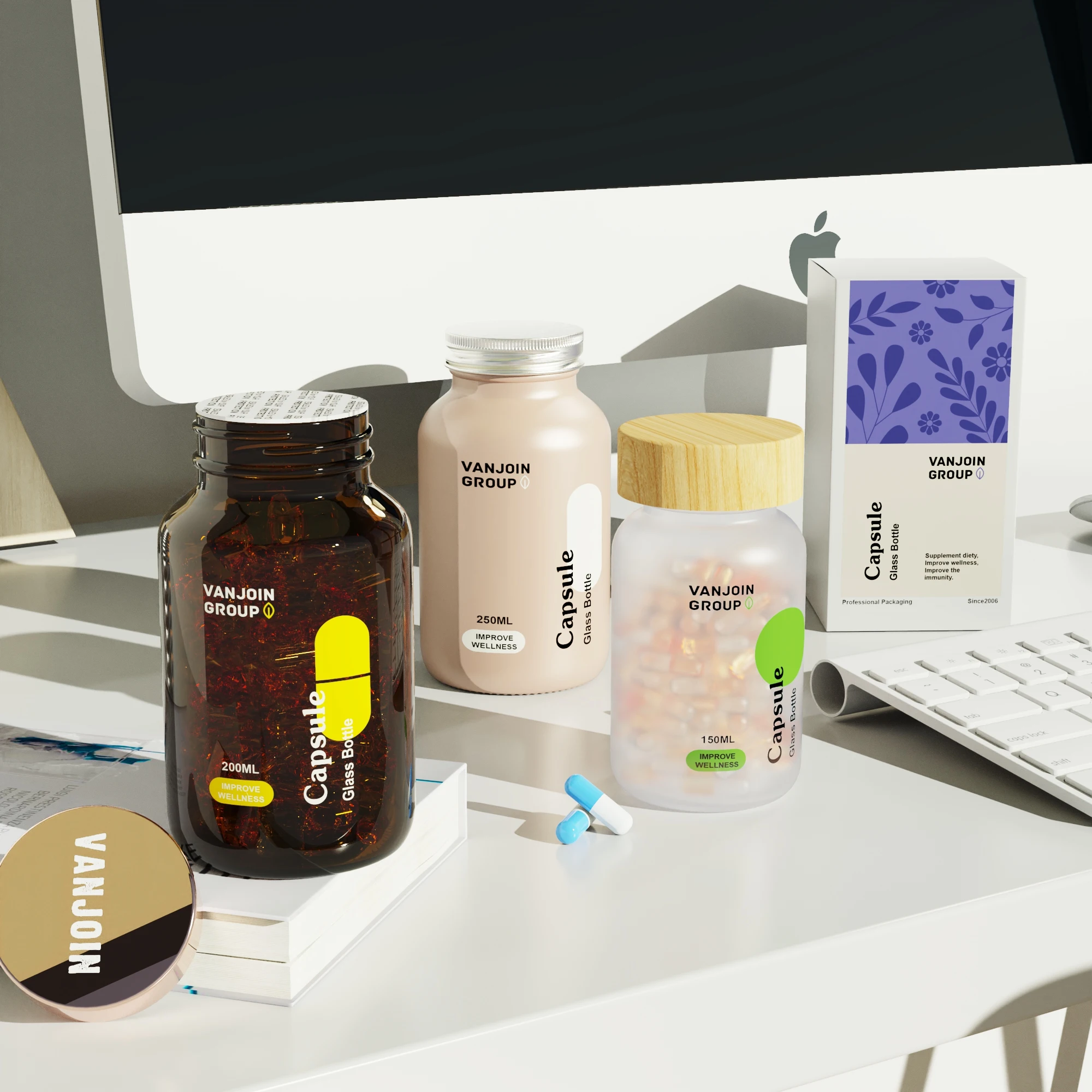 100ml 150ml 200ml 250ml Custom Clear Frosted Pharmaceutical Capsule Medicine Pill Empty Glass Bottles With Wood Lid and Seal