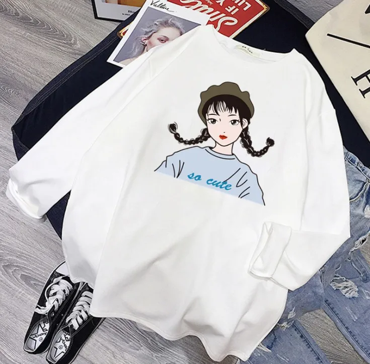 young girls white long sleeve cartoon print t shirts students popular T shirts ladies women fashion t shirts OC290
