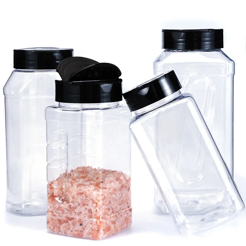 commercial square large pet packaging container 12oz 16oz 30oz 32oz plastic spice shaker bottle & jar with black pp cap