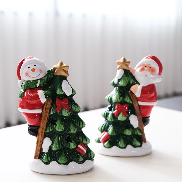 Factory Decoration ceramic LED Christmas tree with climbing santa snowman Christmas collection ornaments