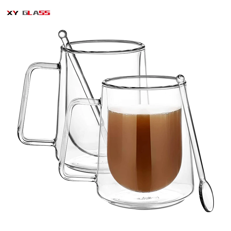 Steady Bottom Double Wall With Spoon Insulate Clear Borosilicate Glass Coffee Mug