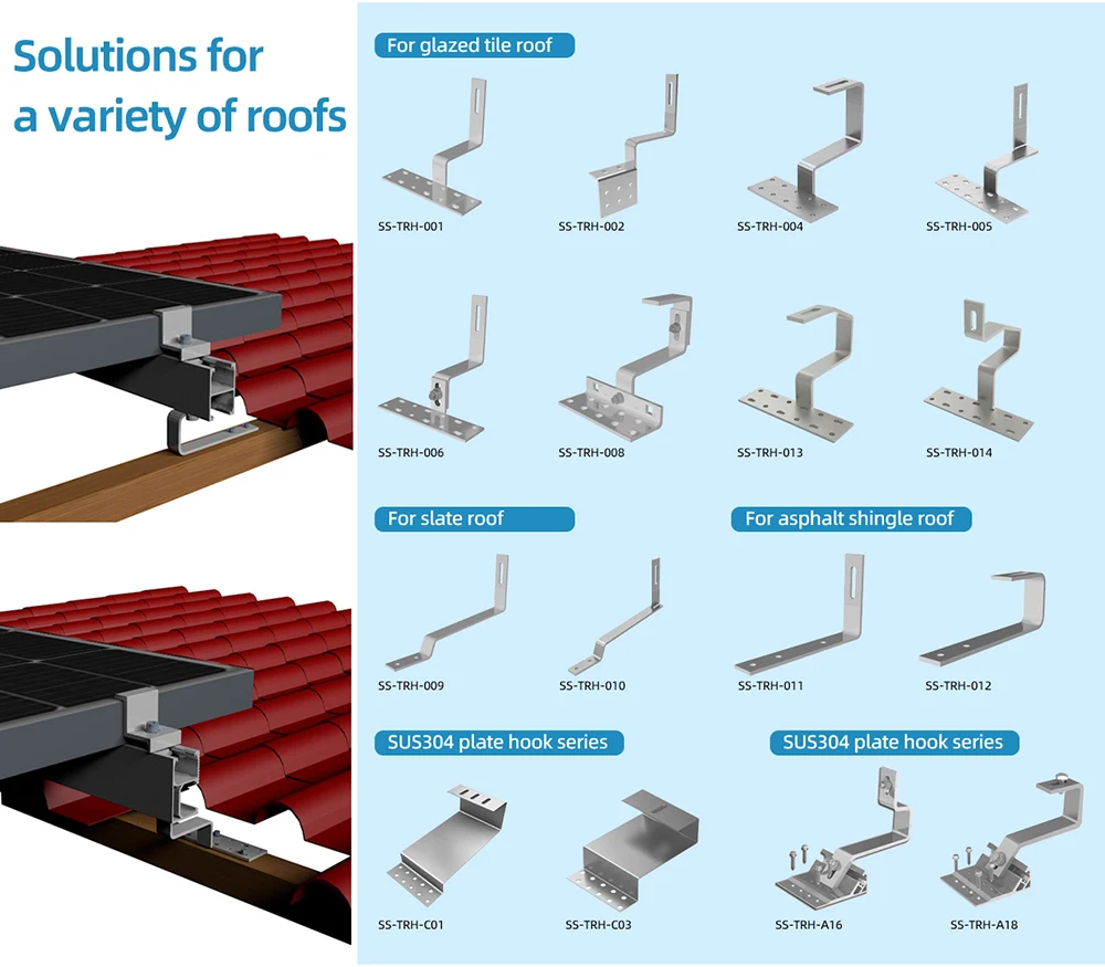 Solar Pitched Tile Roof Mounting Adjustable Tile Solar Roof Aluminum Hook Tile Roof Mounting Hook