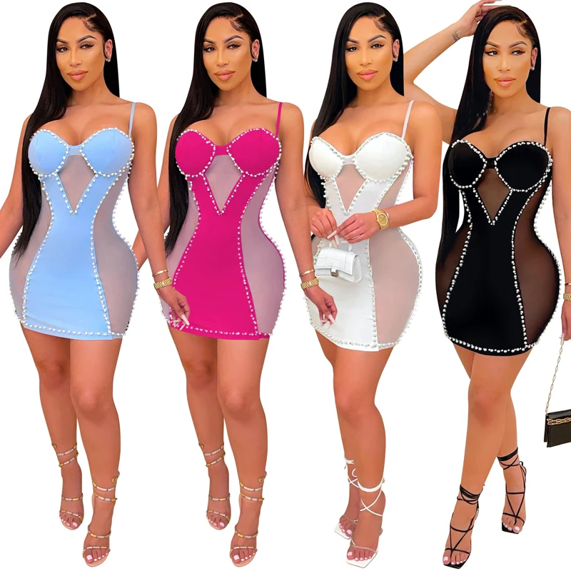 Wholesale Club Wear Skirt Transparent Luxury Dress Custom Summer Spaghetti Strap Mesh Rhinestone Dress