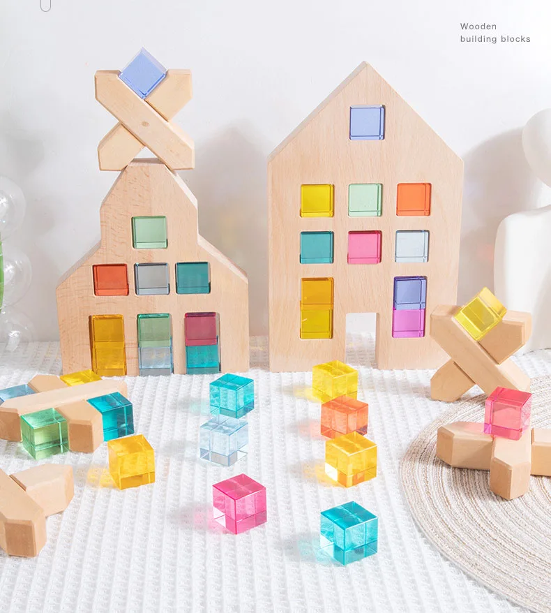 Wholesale Acrylic toy Blocks Set of 100 Multicolored Acrylic Cubes With Wooden Box