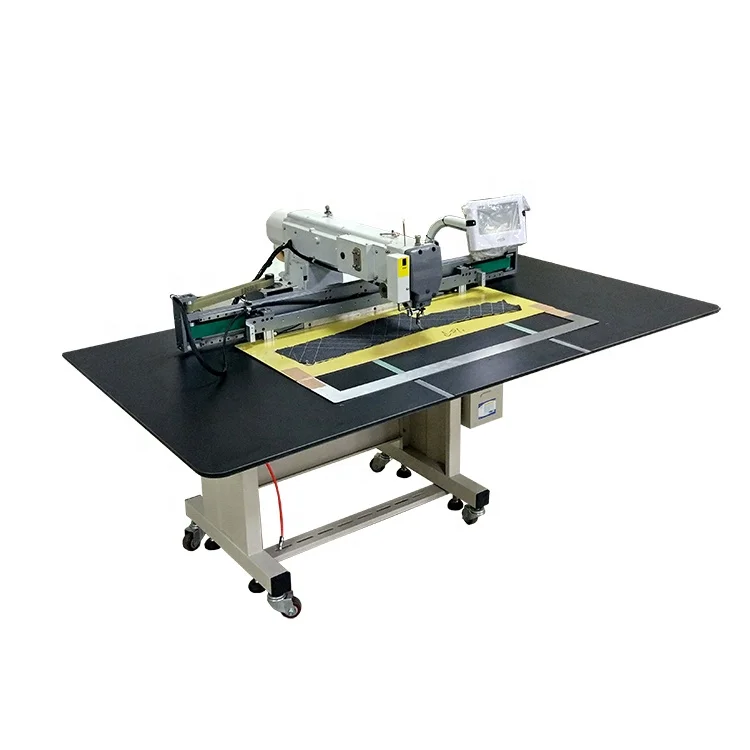 Automatic template sewing machine for diamond pattern on automotive leather including foam padding