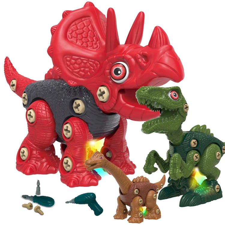 
3 Pack Take Apart Dinosaur Toys Roar Sound Colorful Lights with Hand Electric Drill for Kids 