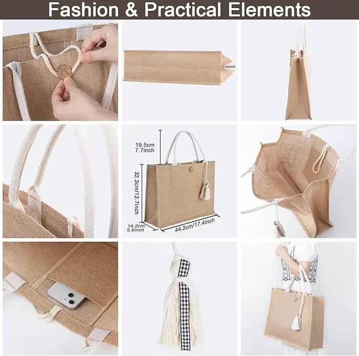 Pamela Beach Bag for Women Waterproof Beach Bag, Vinyl Lining Tassel Pocket Jute Tote Bag for Vacation Pool Grocery Gift