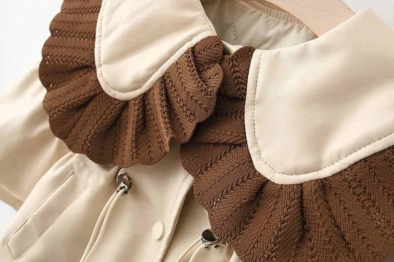Autumn and Winter PU Leather Baby Girl windbreaker Cotton-padded Baby Thick Coat Lace Collar Windproof Coats Outwear