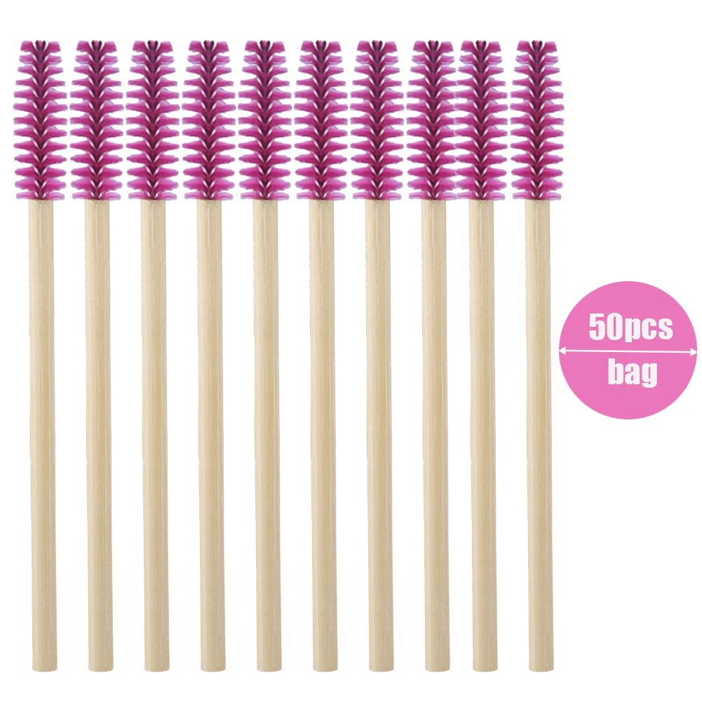 50pcs/pack Eco Hot pink Eye lash mascara recyclable dispo makeup brush with bamboo wood stick Compostable Brush wand  Hot Pink