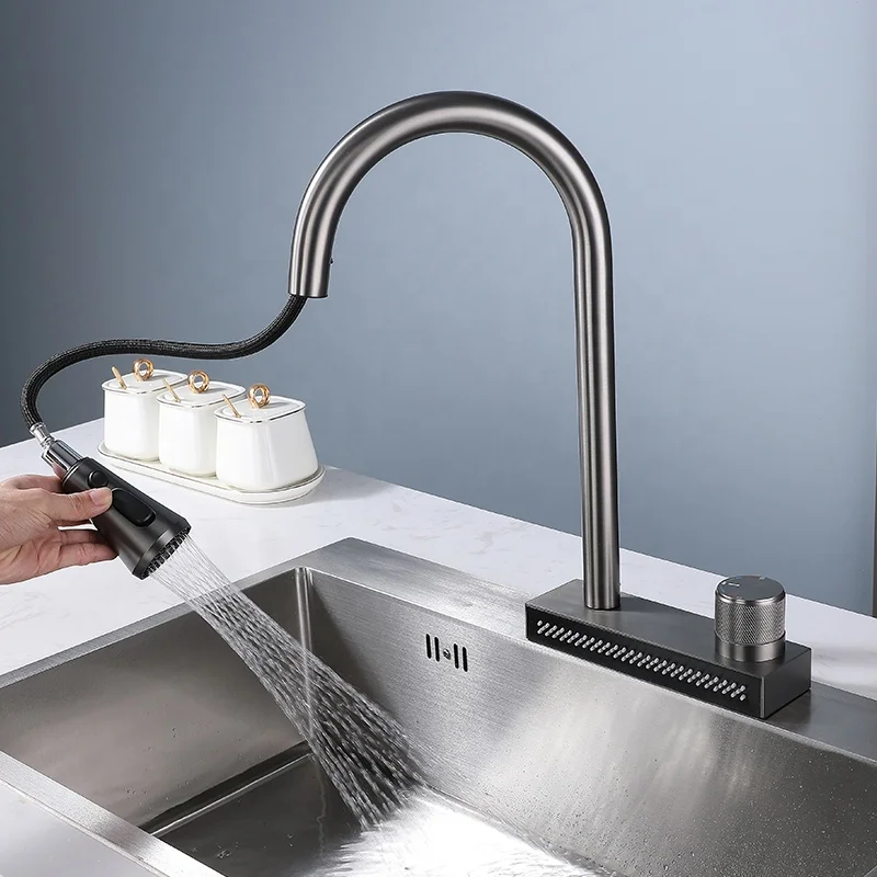 popular waterfall sink faucets Metal Grey SUS304 double-hole rainfall pull out kitchen sink faucet
