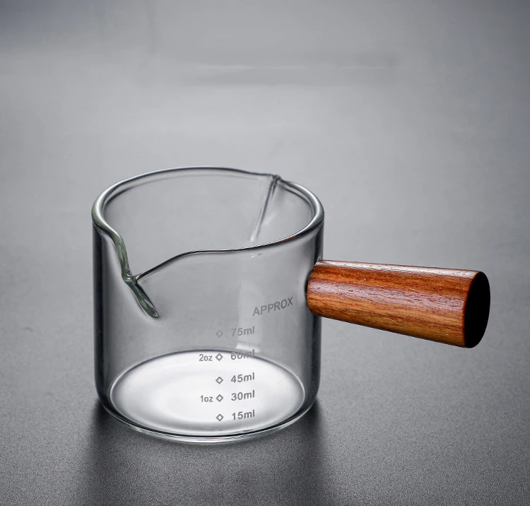 Measuring Shot Glasses Double Spouts Espresso Liquor Glass Cups Clear Round Beakers with Wooden Handle for Milk Coffee Tea
