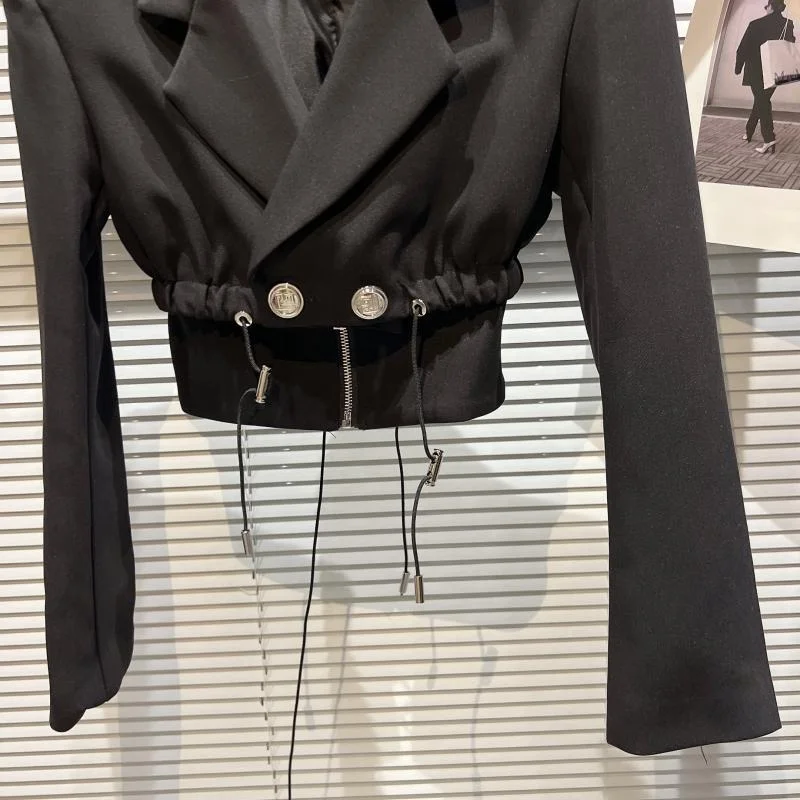 OUDINA Fashion Drawstring Design Celebrity Suit Jacket Blazer Crop Top Lades Women Cropped Blazer