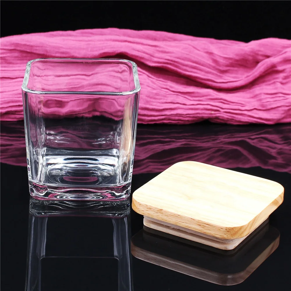 
BOYE high quality square scented custom candle glass jars with wooden lid 