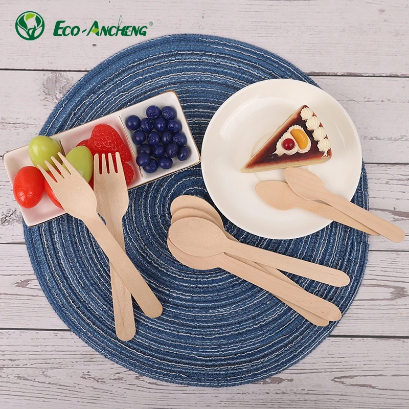 Disposable Wood Spoon Fork Knife Biodegradable Wooden Minimalist Wooden Tableware Flatware