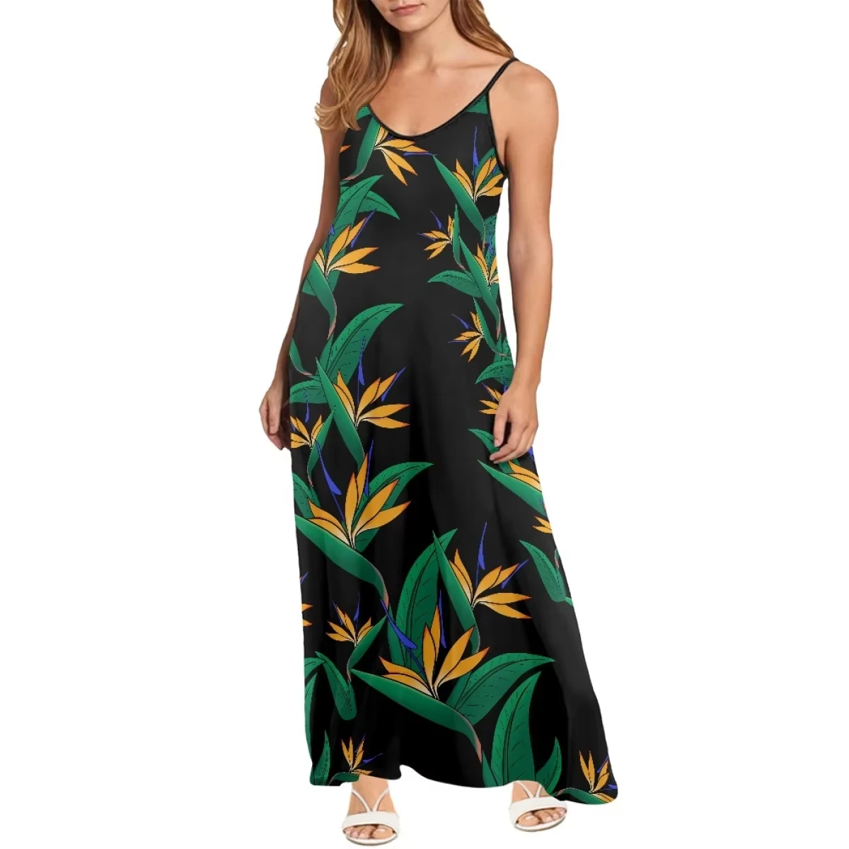 Sublimation Custom Hawaii Bird of Paradise Flower Beach Maxi Ladies Dresses Chiffon Long Women Maxi Casual spaghetti strap Dress