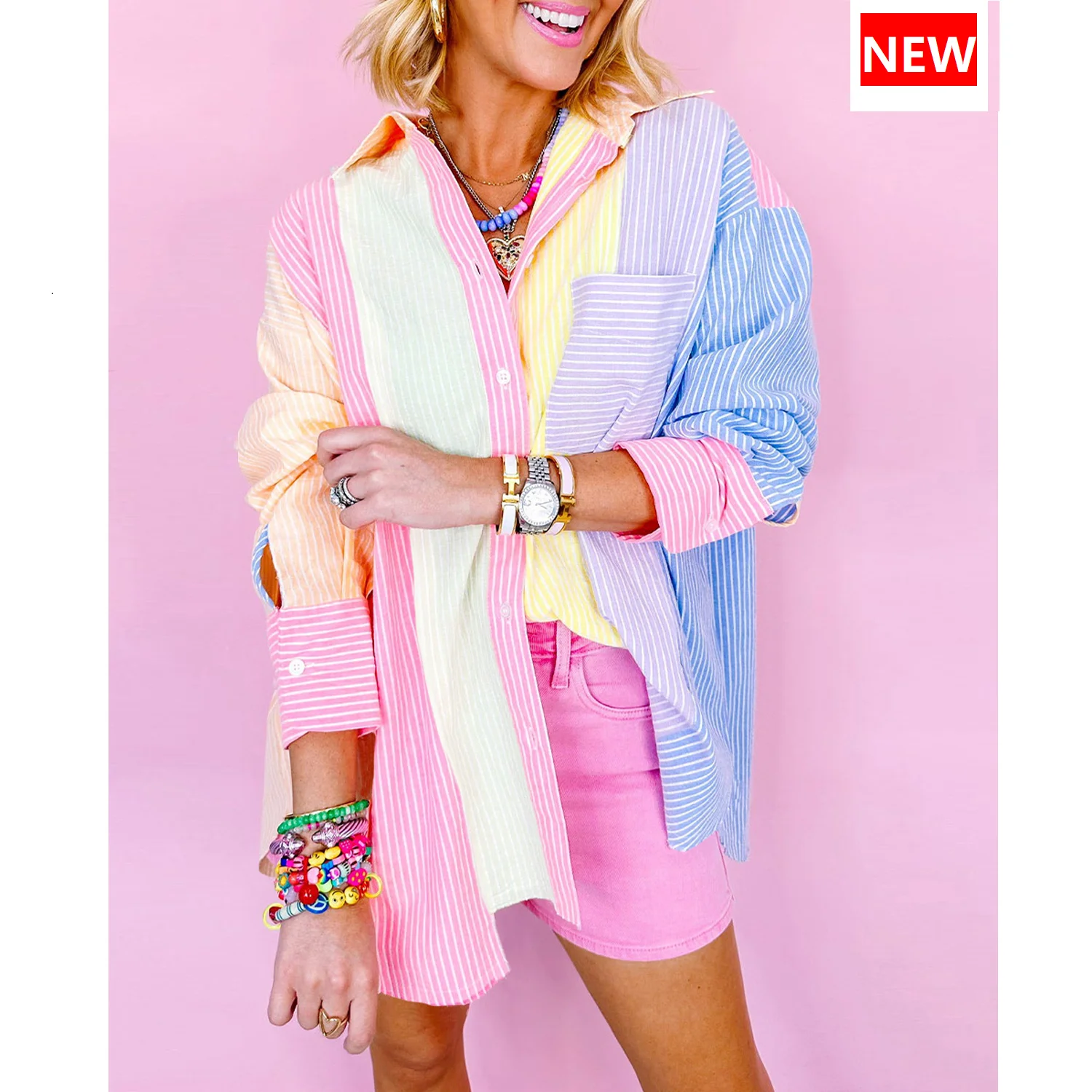 2025 Wholesale Chic Clothes Customized Women Fall Pink Stripe Color Block Chest Pocket Oversized Shirt