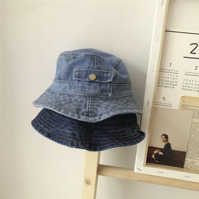 
Girls Denim Hat Baby Kids Sun Protection Accessory Toddler Jean Bucket Hat Unisex Children Solid Custom Logo Sun Fisherman Hat 